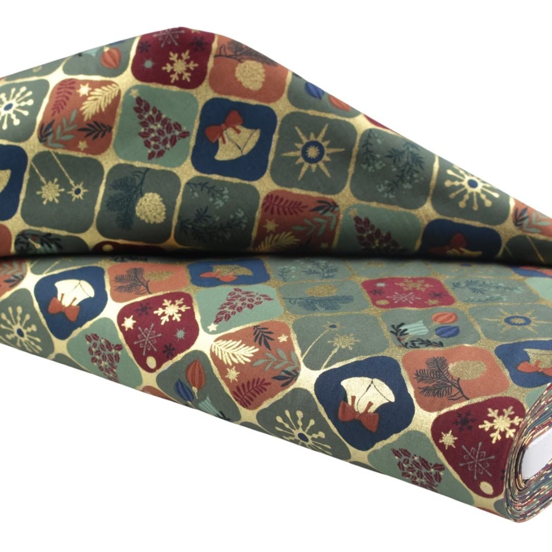 Popelina zielono złota krata