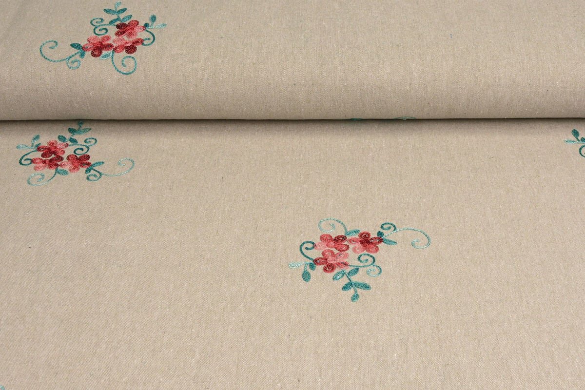 Tkanina len z bawełną haft drobne kwiaty - obrazek 3